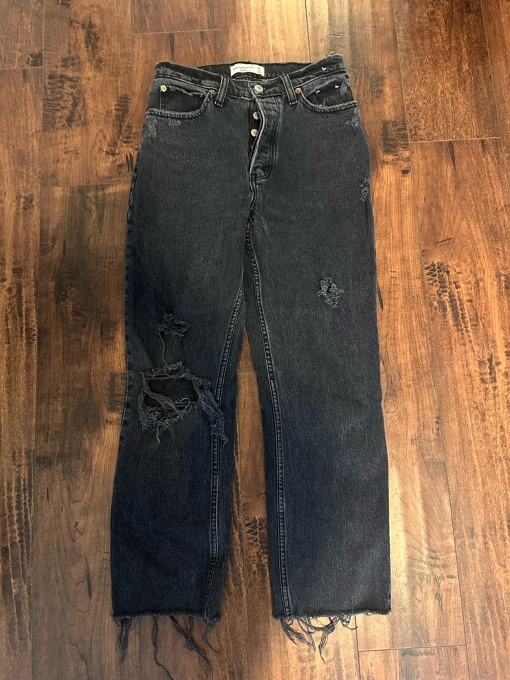 Abercrombie & Fitch Dad High Rise Distressed Straight Leg Denim Jeans in Black